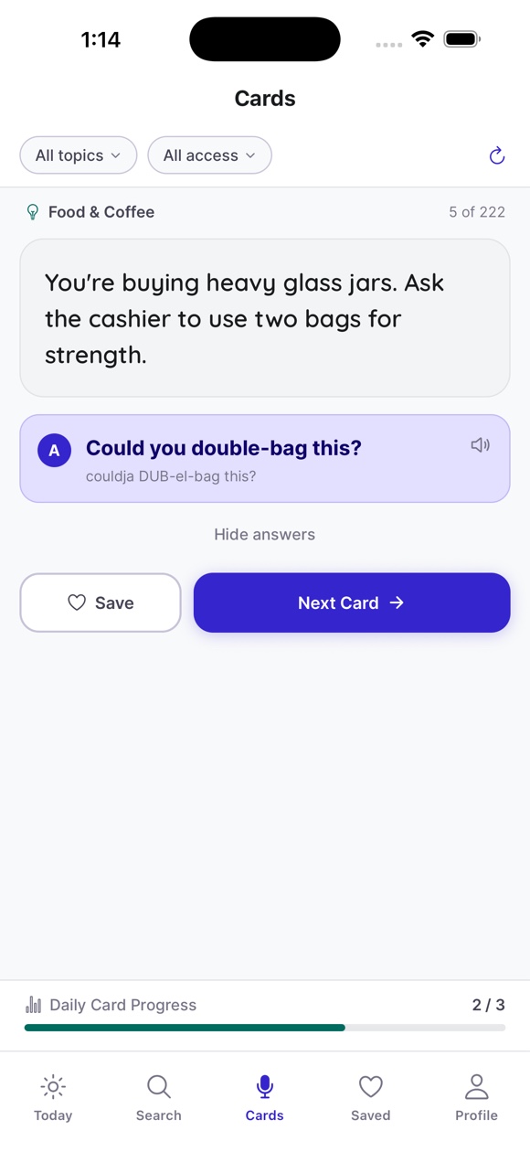 ConvoLines quiz screen revealing two natural answers to a spoken English cue